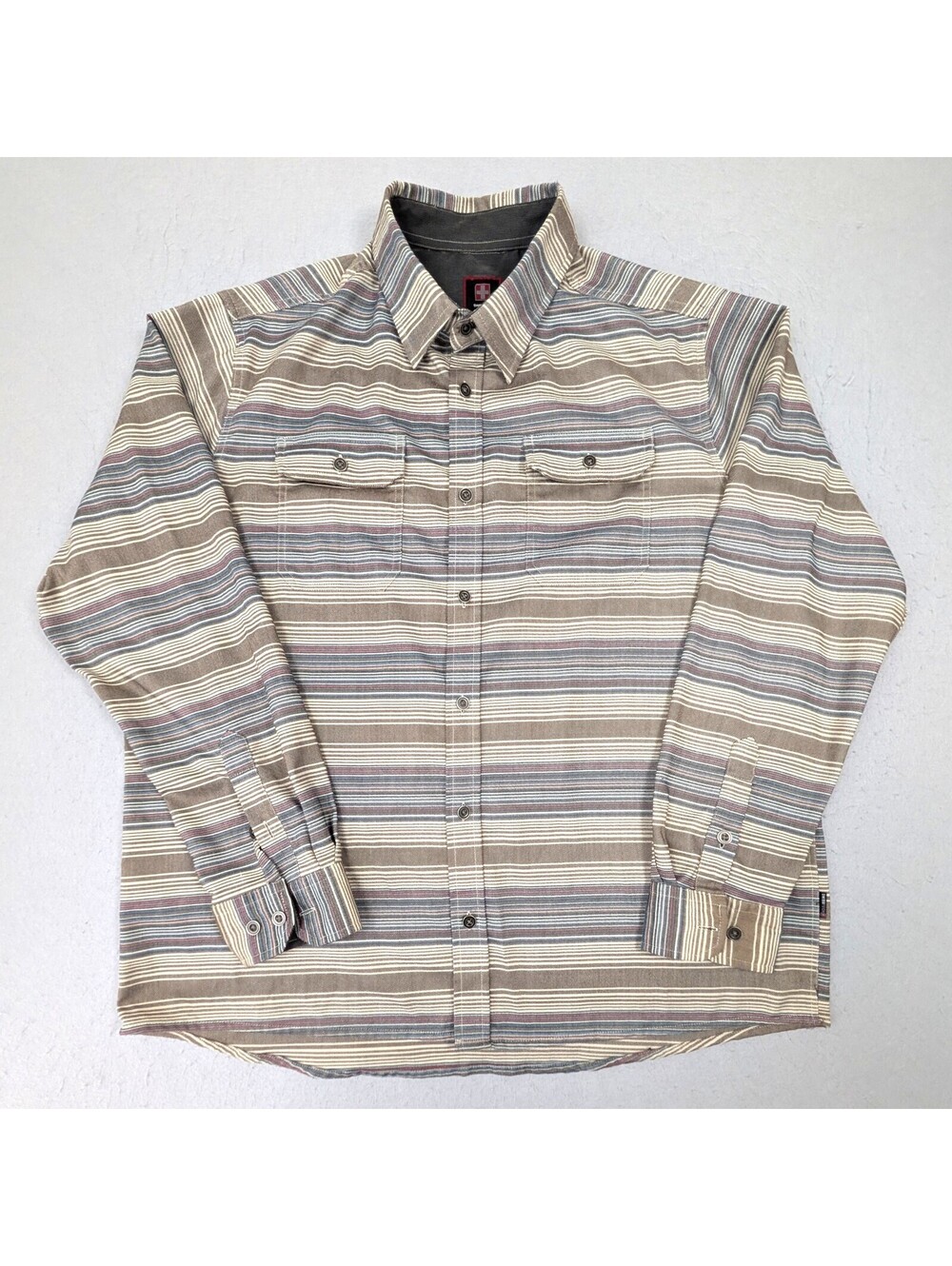 Swiss Tech Mens XL 46-48 Brown Stripe Stretch Outdoor Work Shirt Long Sleeve